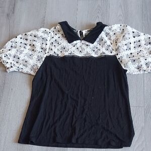 Black and White Lace Accent Blouse with Peter Pan Collar